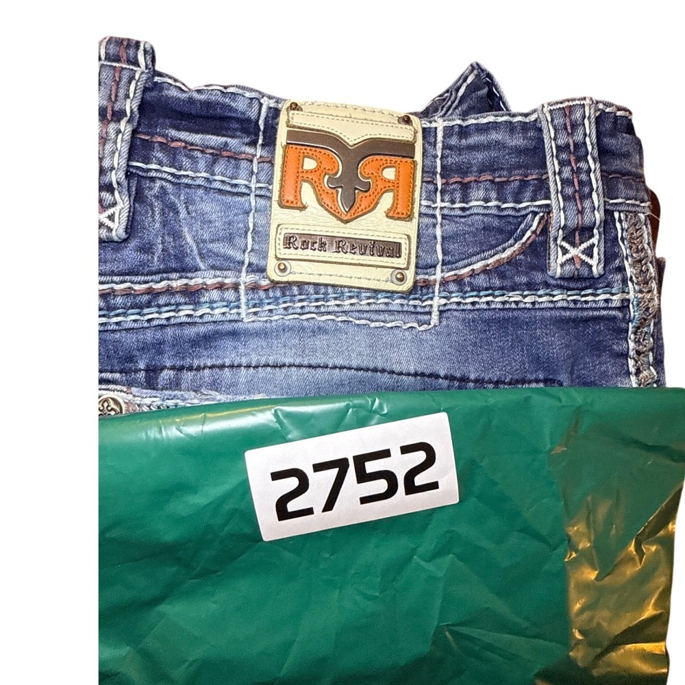 Rock Revival Quency Slim Taper Jeans Mens 36 Distressed Stretch Embroidered - Picture 12 of 12